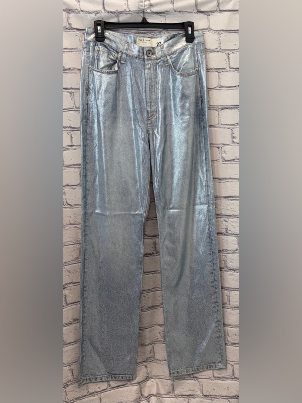 Rag & Bone :27 Woman Silver-Blue Metallic Denim Jeans Miramar Liquid Pants NWOT